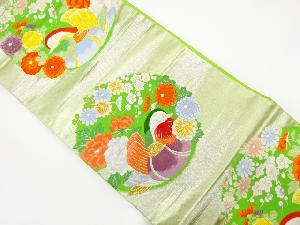 アンティーク　鴛鴦に牡丹・菊・枝梅模様織り出し袋帯（着用可）